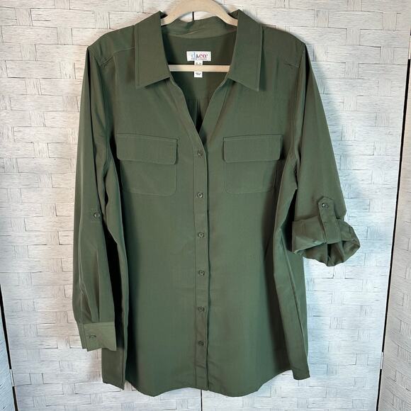 d & co womens shirt button up v-neck roll tap sleeve fall career  plus size - Picture 1 of 8